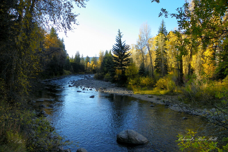 River in Autumn Forest — Blue, Serene, Photograph, Trees, Rocks