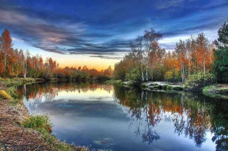 River in Autumn Forest — Blue, Serene, Sunset