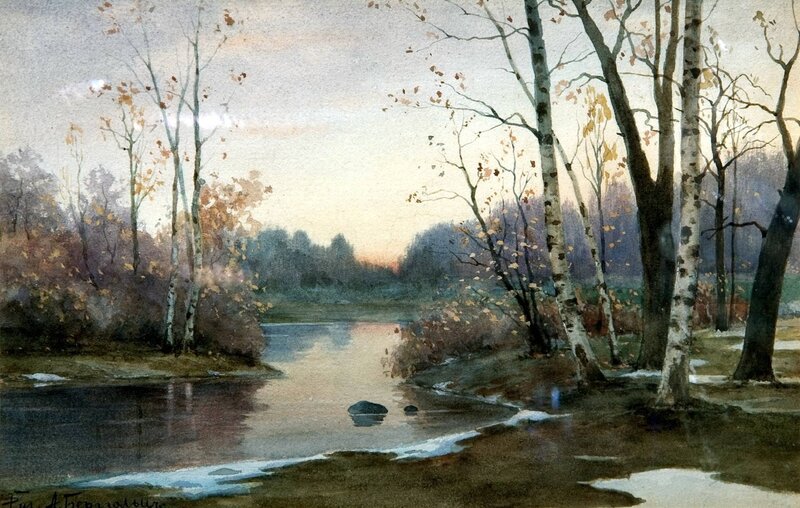 River in Autumn Forest — Brown, Serene, Painting