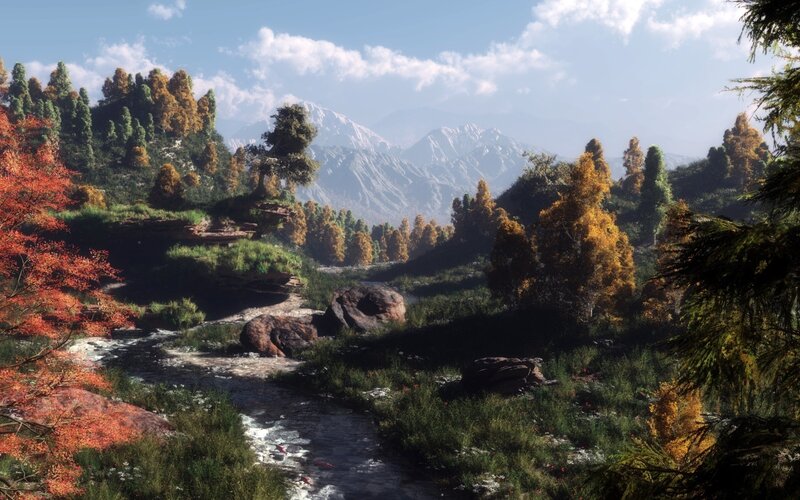 River in Autumn Forest — Green, Serene, 3d Render