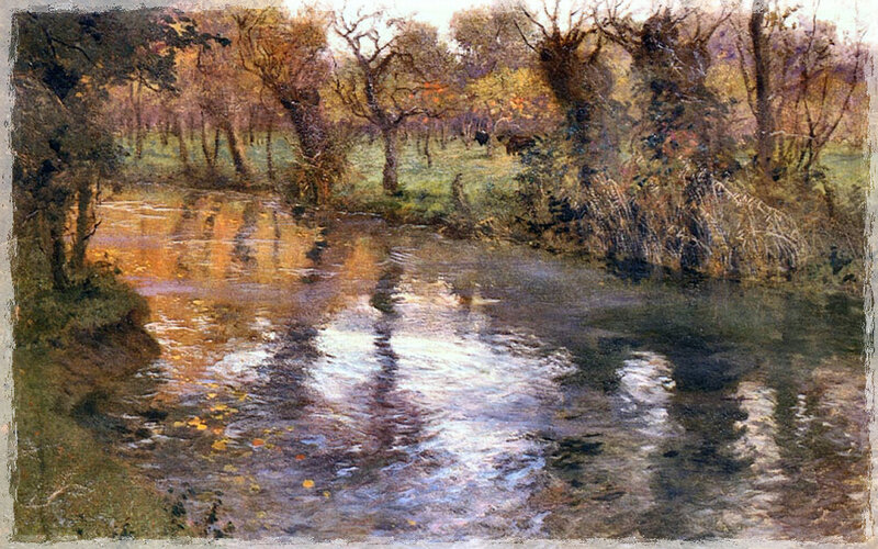 River in Autumn Forest — Green, Serene, Painting