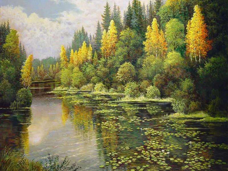 River in Autumn Forest — Green, Serene, Painting, Trees, Lily Pads