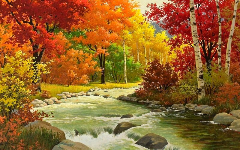 River in Autumn Forest — Red, Serene, Painting