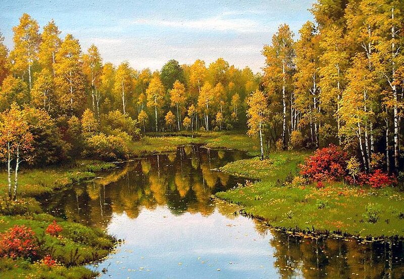 River in Autumn Forest — Yellow, Serene, Painting