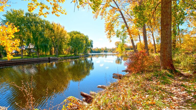 River in Autumn Park — Blue, Serene, Photograph, Trees