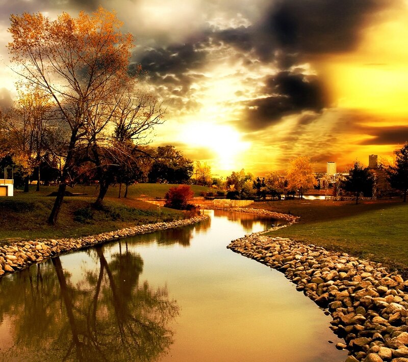 River in Autumn Park — Yellow, Dramatic, Sunset