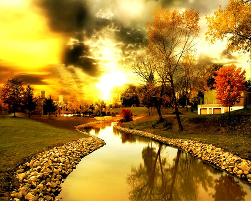 River in Autumn Park — Yellow, Dramatic