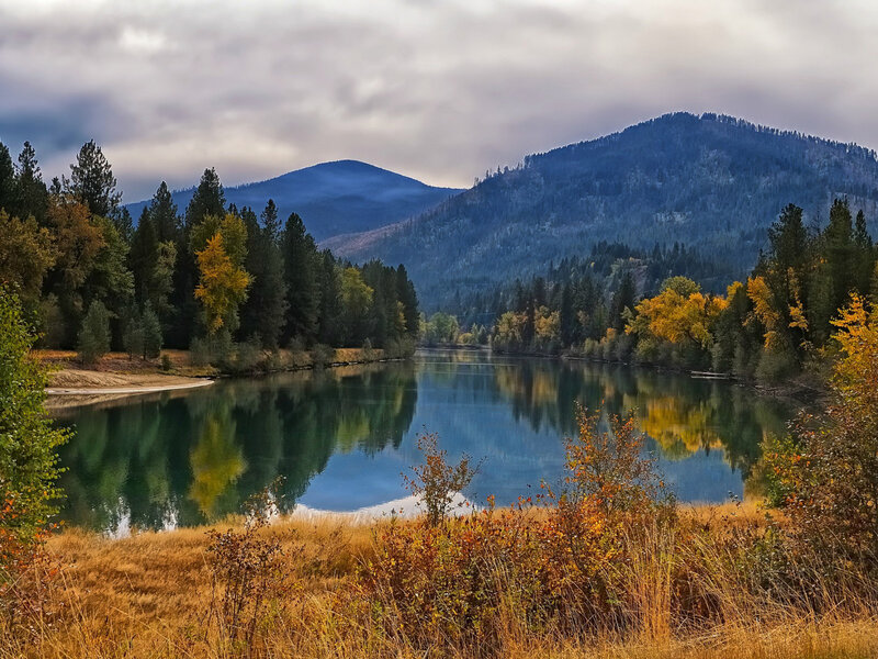 River in Autumn Valley — Blue, Serene, Photograph