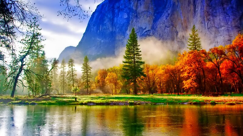 River in Autumn Valley — Blue, Serene, Photograph, Trees