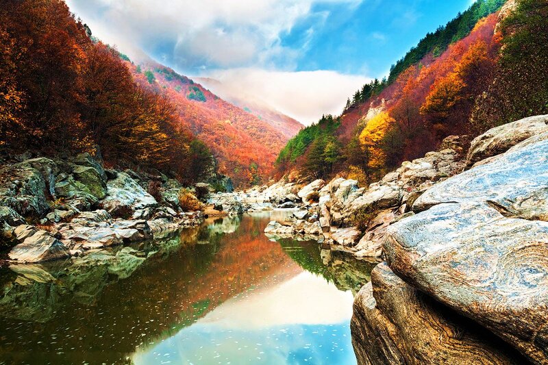 River in Autumn Valley — Orange, Serene, Photograph, Trees