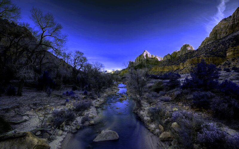 River in Canyon at Dusk — Blue