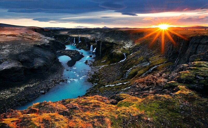 River in Canyon at Sunset — Blue, Dramatic, Photograph