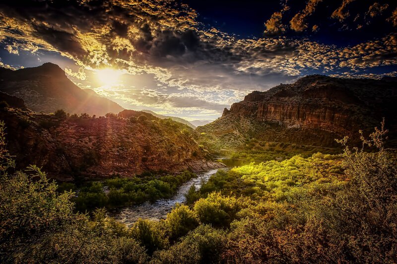 River in Canyon at Sunset — Green