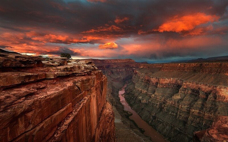 River in Canyon at Sunset — Orange, Dramatic, Photograph, Cliffs
