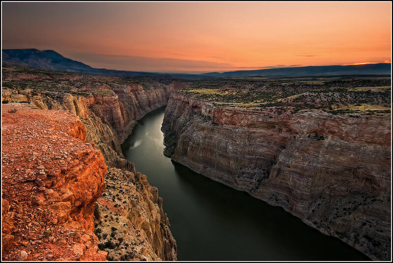 River in Canyon at Sunset — Orange, Dramatic, Photograph, Mountains