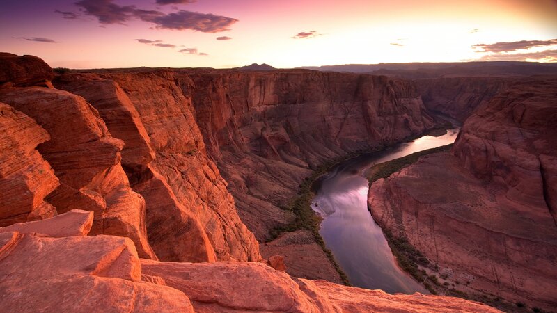 River in Canyon at Sunset — Orange, Dramatic, Photograph, Sky, Rocks