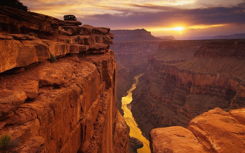 River in Canyon at Sunset — Orange, Dramatic, Photograph, Sun, Sky, Rocks