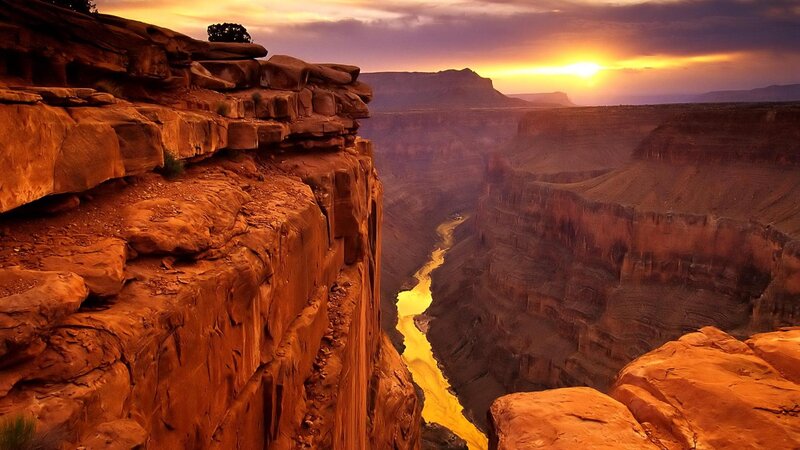 River in Canyon at Sunset — Orange, Dramatic, Photograph, Sun, Sky