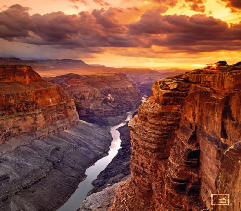 River in Canyon at Sunset — Orange, Dramatic