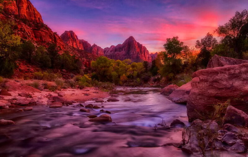 River in Canyon at Sunset — Purple
