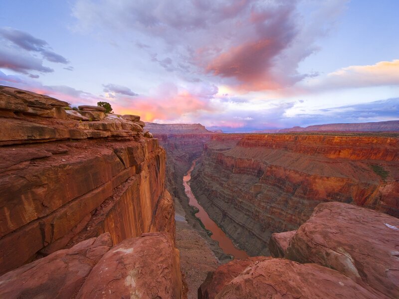 River in Canyon at Sunset — Red, Dramatic, Photograph, Sky, Clouds, Orange
