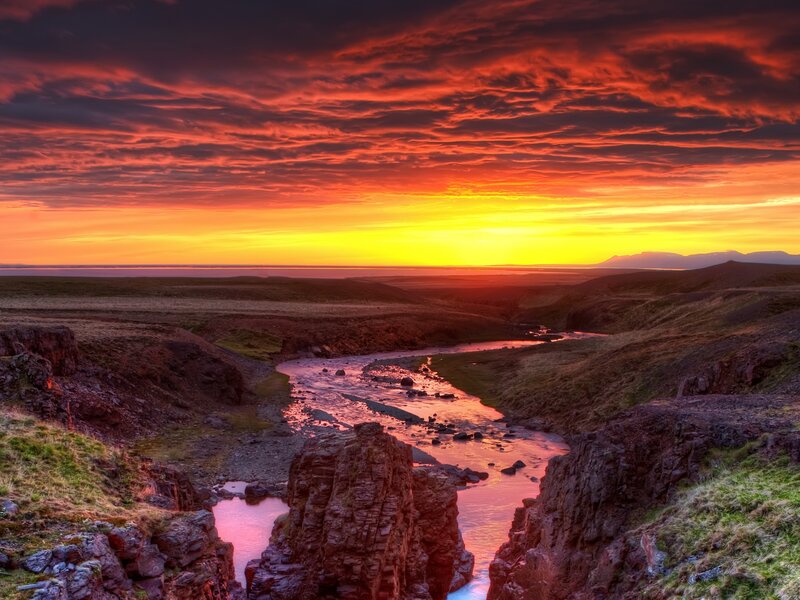 River in Canyon at Sunset — Red