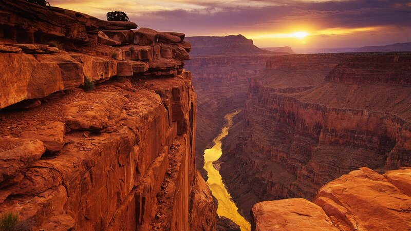 River in Canyon at Sunset — Sun