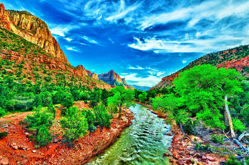 River in Canyon — Blue, Dramatic, Afternoon, Photograph, Mountains