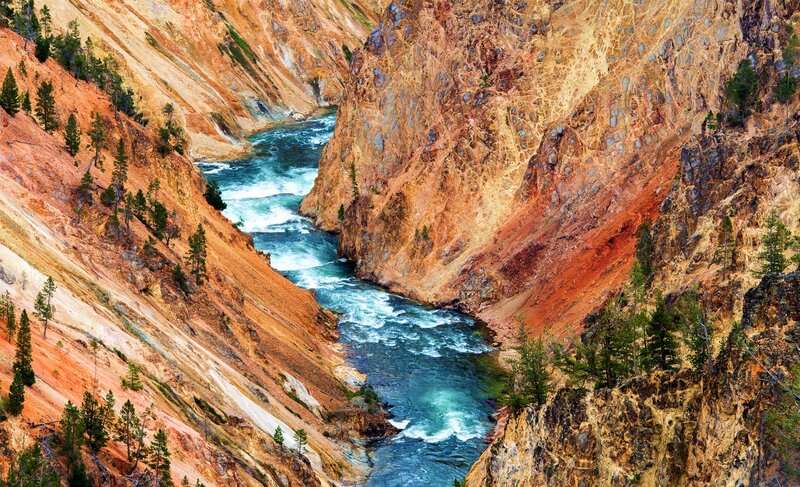 River in Canyon — Blue, Dramatic, Afternoon, Photograph, Trees