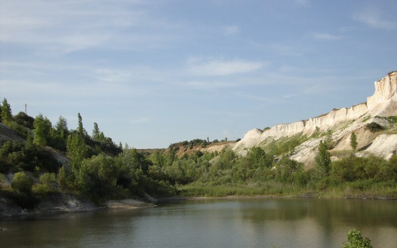 River in Canyon — Blue, Serene, Afternoon, Photograph, Trees, Cliffs