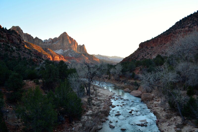 River in Canyon — Blue, Serene, Sunset, Photograph, Mountains