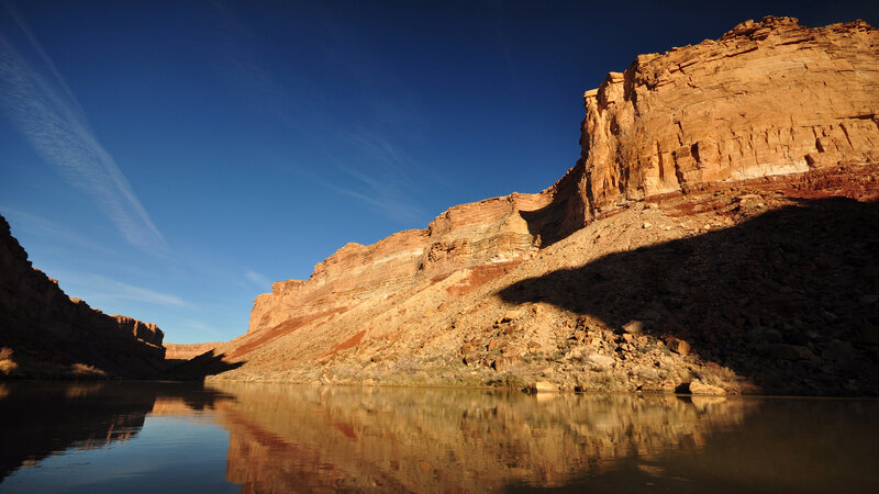 River in Canyon — Blue, Serene, Sunset, Photograph, Sky, Reflection