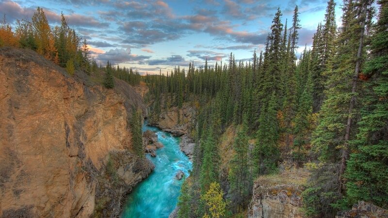 River in Canyon — Blue, Serene, Sunset, Photograph