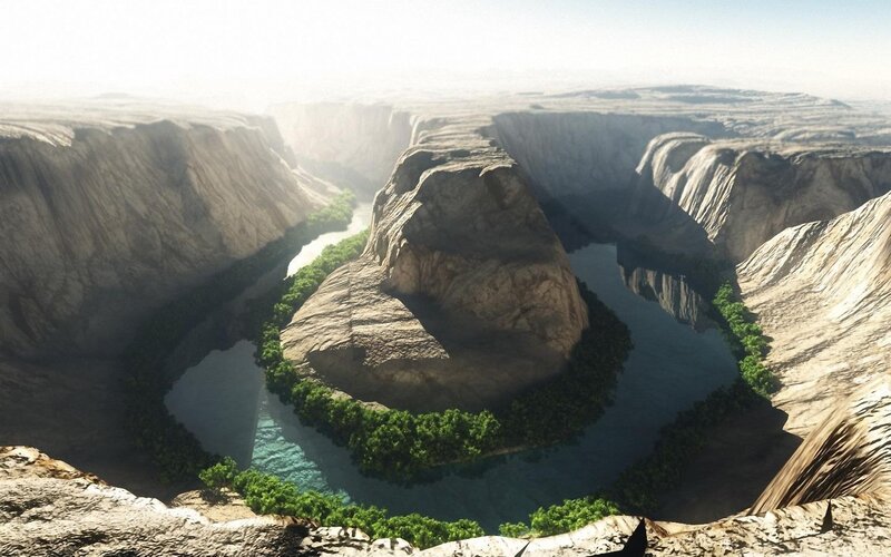 River in Canyon — Brown, Serene, Afternoon, 3d Render, Island