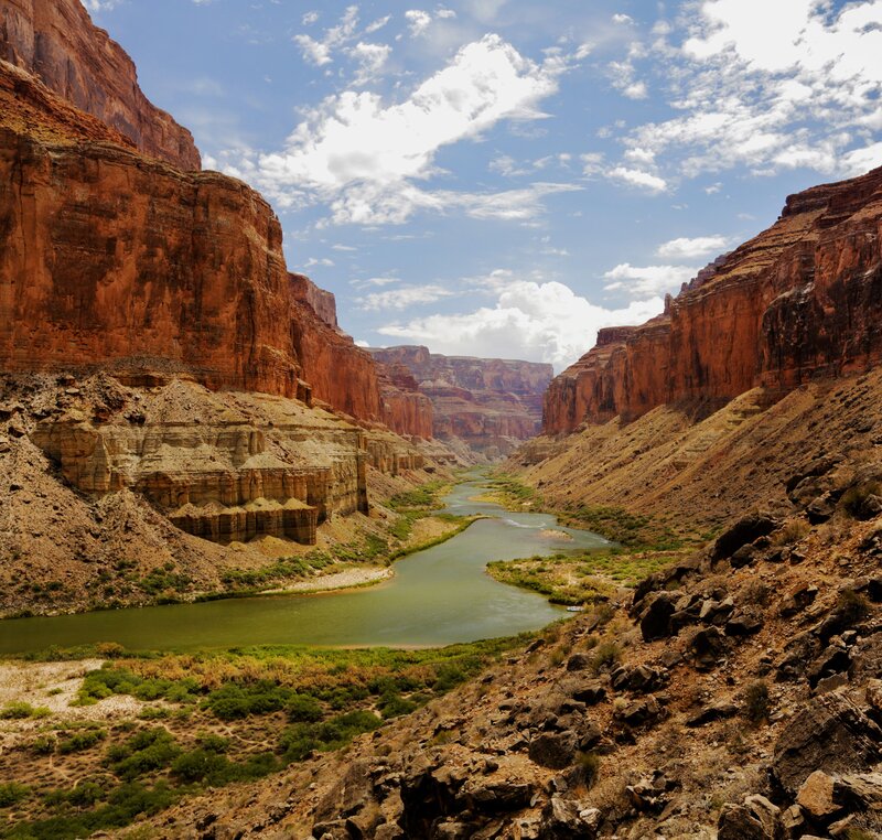 River in Canyon — Brown, Serene, Afternoon, Photograph, Sky, Rocks
