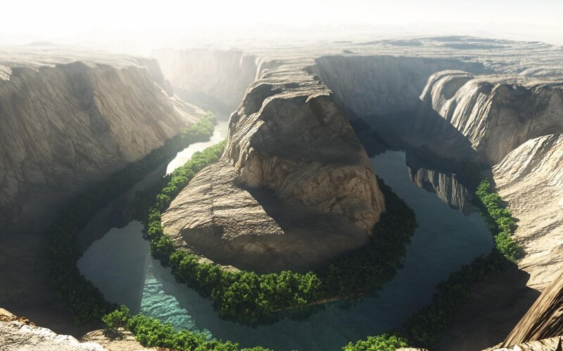River in Canyon — Brown, Serene, Morning, 3d Render