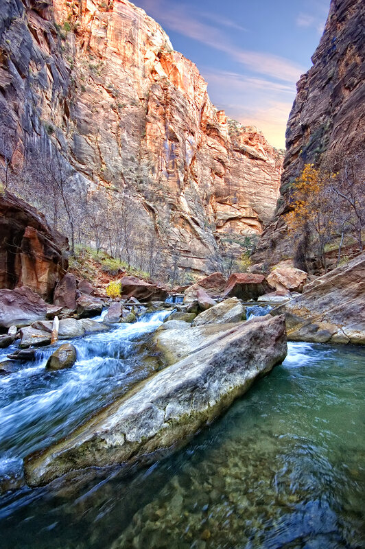 River in Canyon — Brown, Serene, Sunset, Photograph, Rocks
