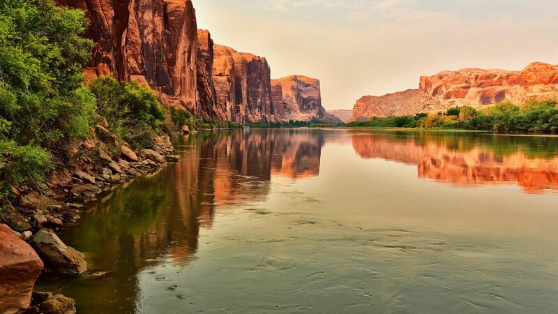 River in Canyon — Brown, Serene, Sunset, Photograph