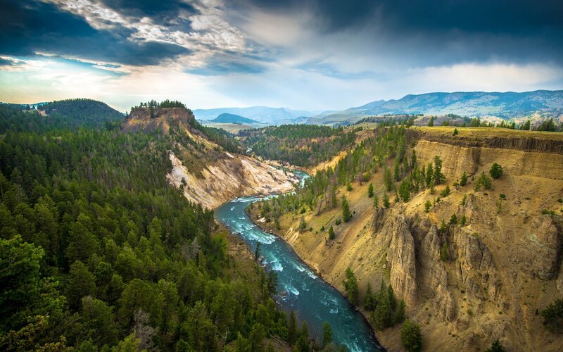 River in Canyon — Green, Dramatic, Afternoon, Photograph, Forest, Mountains, Clouds