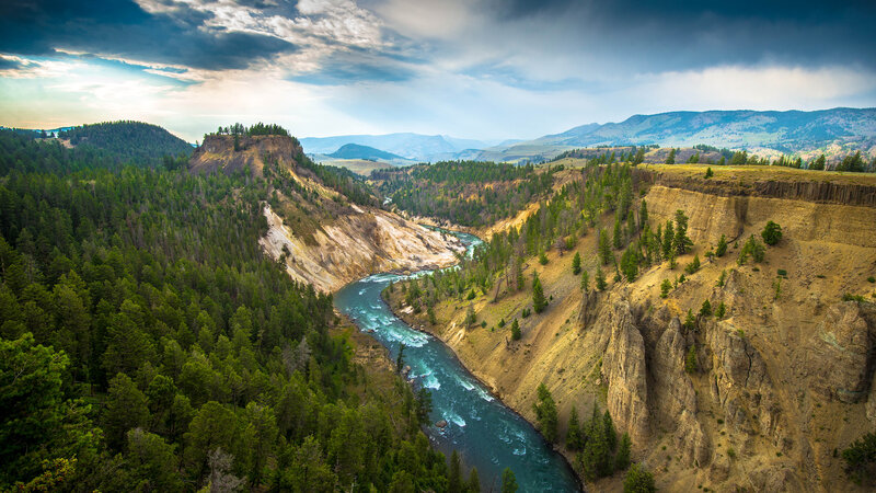 River in Canyon — Green, Dramatic, Afternoon, Photograph, Forest, Mountains