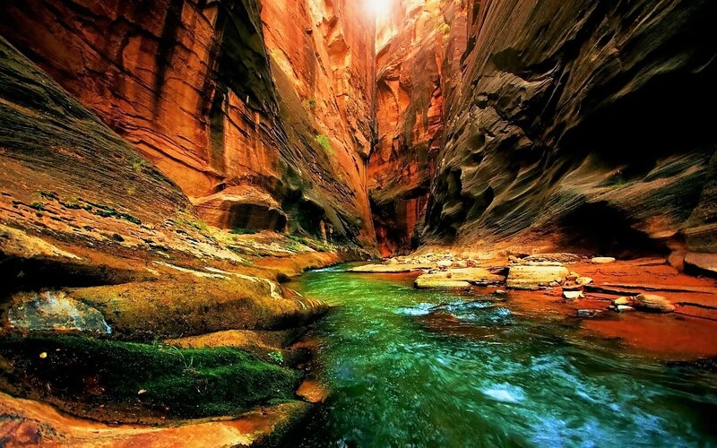 River in Canyon — Green, Dramatic, Afternoon, Photograph, Rocks