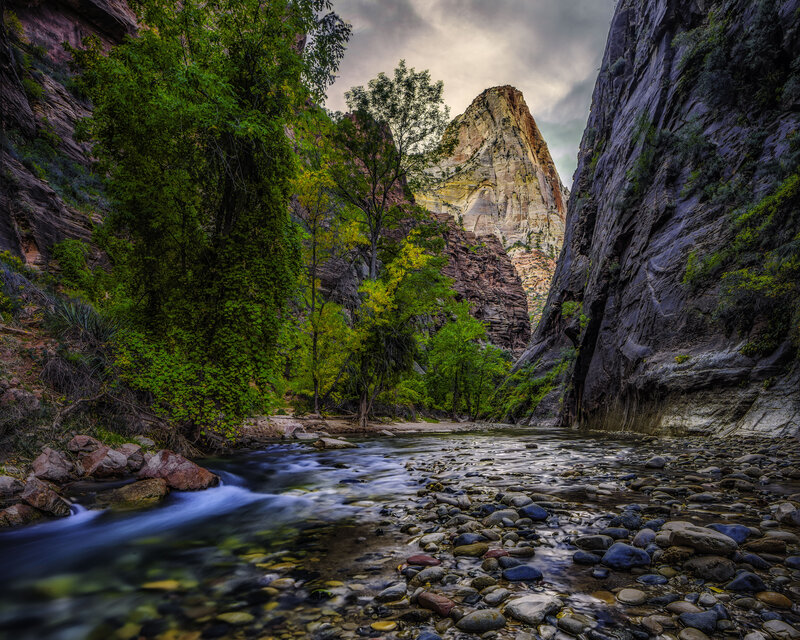 River in Canyon — Green, Dramatic, Afternoon, Photograph, Trees