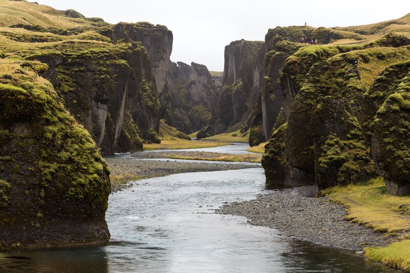 River in Canyon — Green, Serene, Afternoon, Photograph, Moss, Hikers