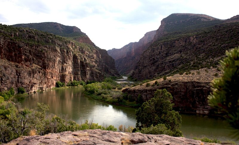 River in Canyon — Green, Serene, Afternoon, Photograph, Trees, Mountains, Brown