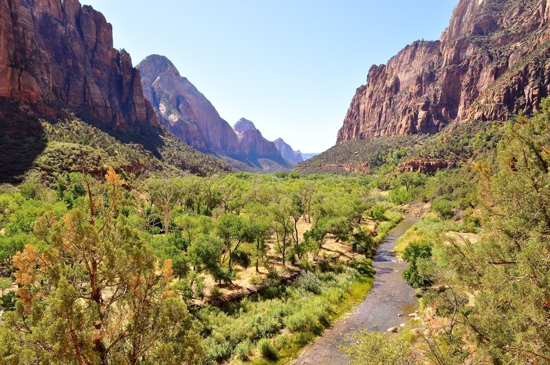 River in Canyon — Green, Serene, Afternoon, Photograph, Trees, Mountains, Stream, Brown