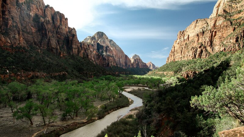 River in Canyon — Green, Serene, Afternoon, Photograph, Trees, Mountains