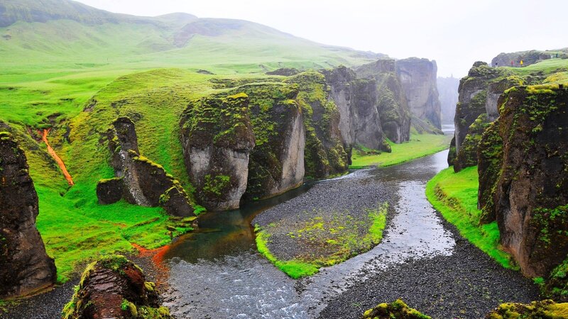 River in Canyon — Green, Serene, Morning