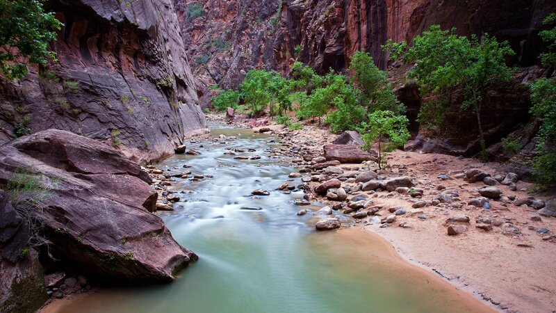 River in Canyon — Green, Serene, Photograph, Trees