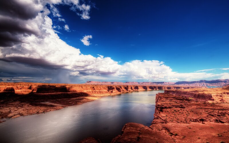 River in Canyon Landscape — Blue, Dramatic, Afternoon, Photograph, Clouds