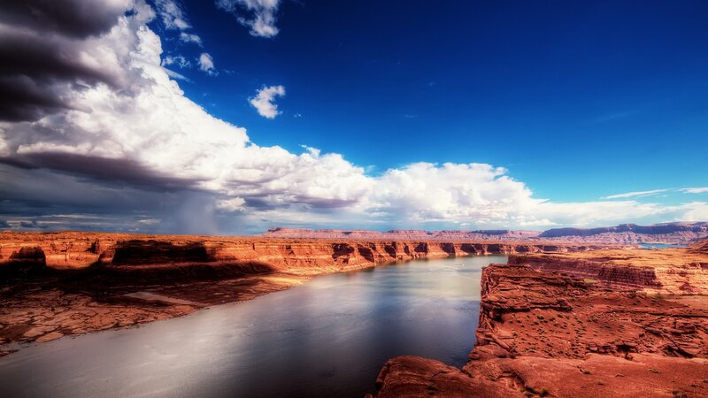 River in Canyon Landscape — Blue, Dramatic, Afternoon, Photograph, Clouds, Water